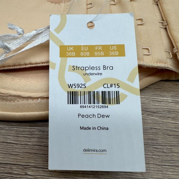 Delmira Strapless Bra Womens Size 36B Beige Unlined Underwire Peach Dew W592S - Picture 5 of 9